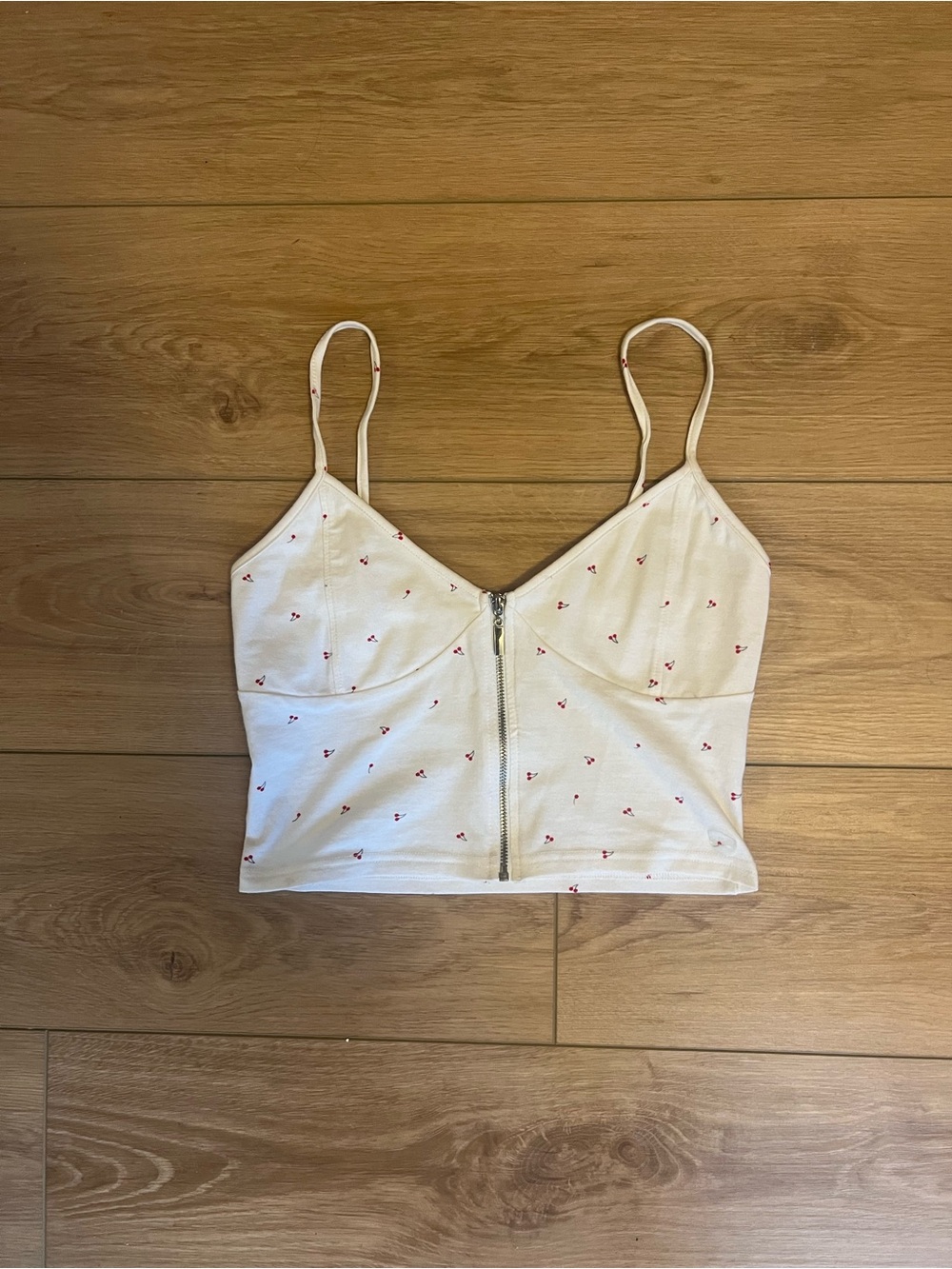 PacSun White Cropped Bustier Cami with Red Cherry Print